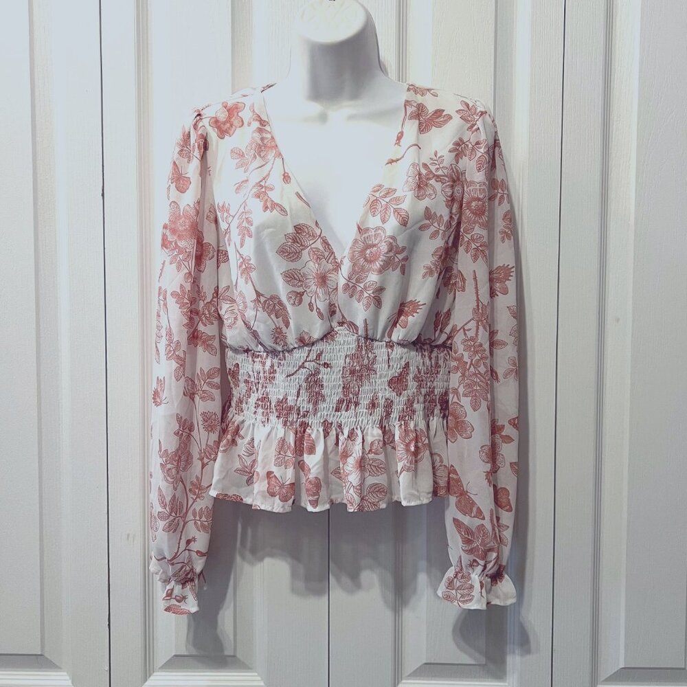Anthropologie Lulumari-Long Fairy Sleeves-Sheer-Peplum Fitted Waist-V Neck-Med - Picture 2 of 15